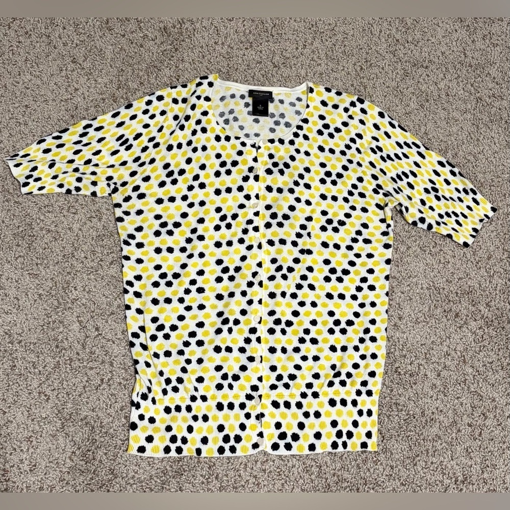 Ann Taylor White Short-Sleeve Dot Print Cardigan with Yellow & Black Dots